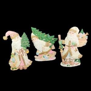 Victorian Santa Claus Figurines Sparkly Christmas Set of 3 Pink‎ Ceramic Vintage
